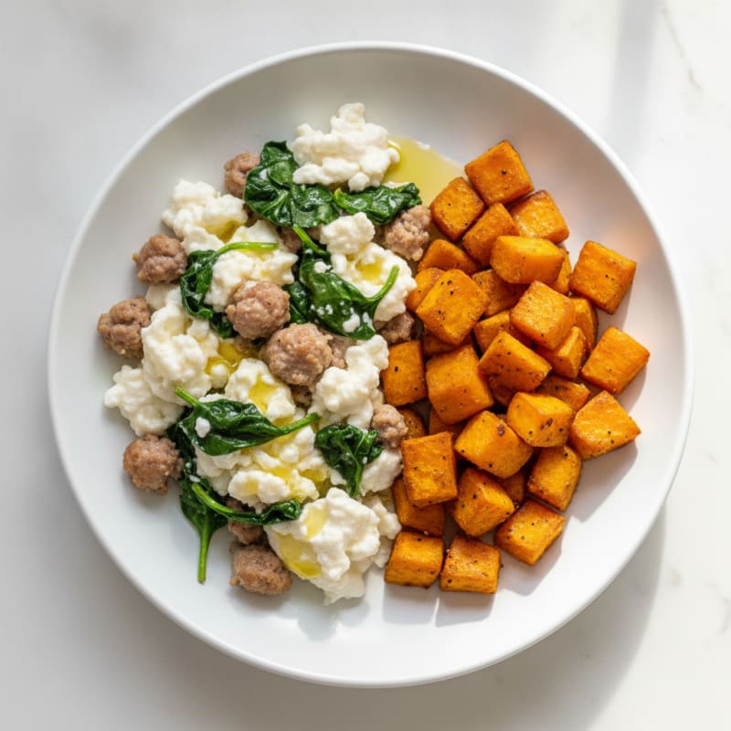 Egg White and Turkey Sausage Scramble with Spinach and Roasted Sweet Potatoes