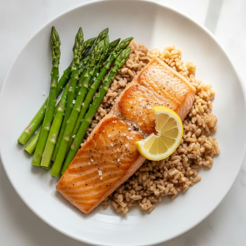 Seared Salmon Fillet with Steamed Asparagus and Brown Rice