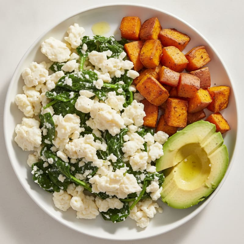 Egg White and Spinach Scramble with Roasted Sweet Potato