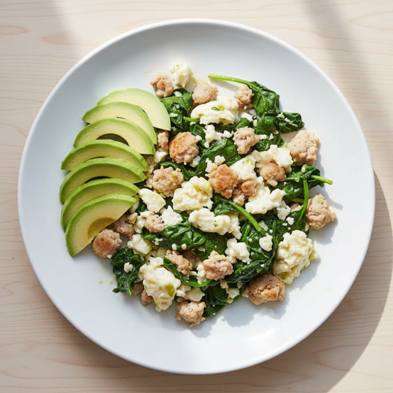 Egg White and Turkey Sausage Scramble with Sautéed Spinach