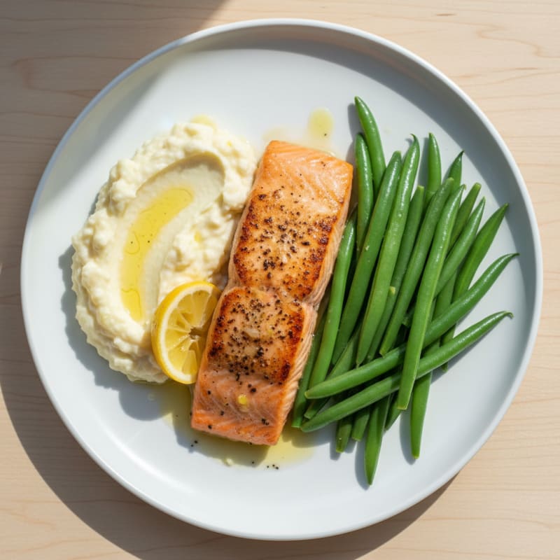Seared Salmon with Steamed Green Beans and Garlic Mashed Cauliflower