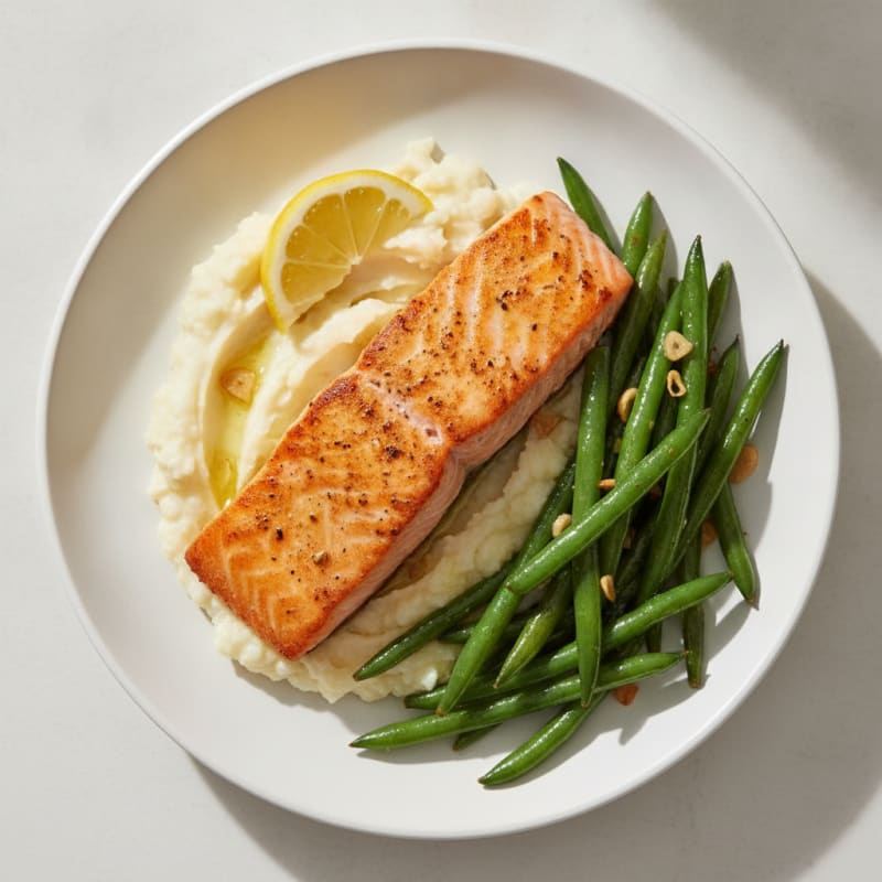 Seared Salmon with Garlic Green Beans and Mashed Cauliflower