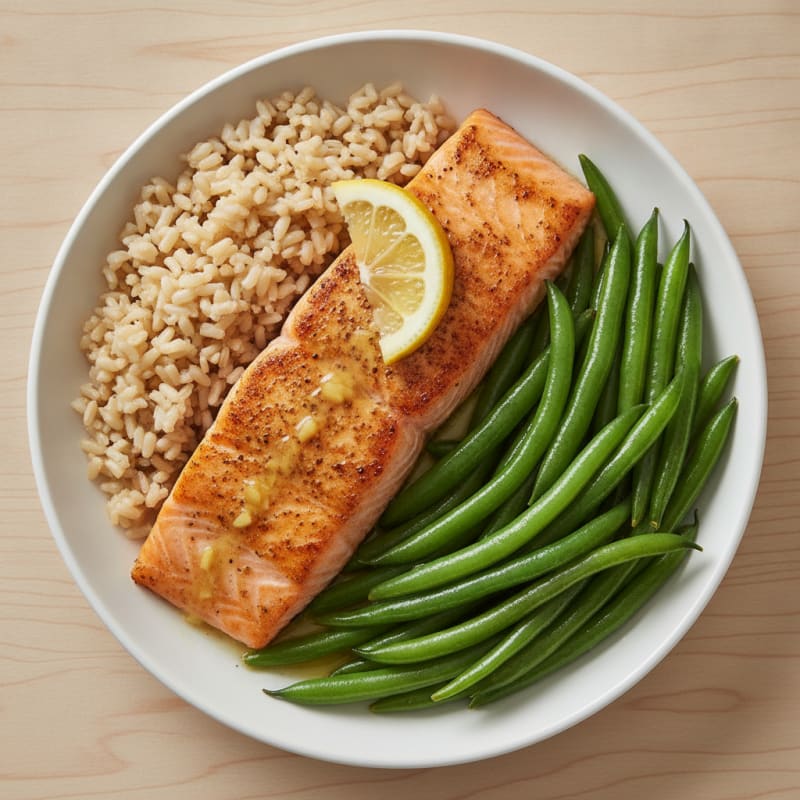 Seared Salmon with Steamed Green Beans and Brown Rice