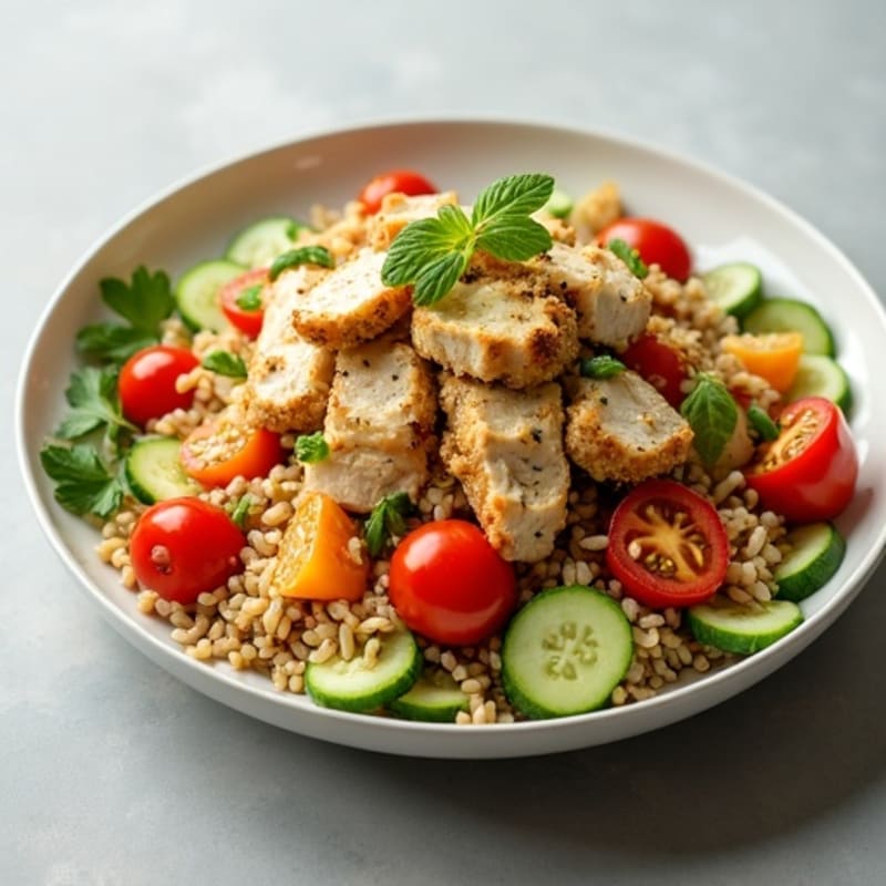 Crispy Brown Rice Salad with Grilled Chicken and Fresh Herbs