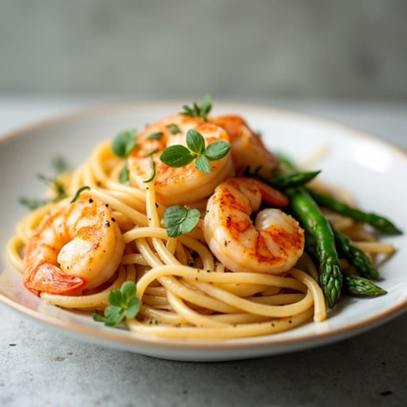 Lemon Garlic Shrimp Pasta with Crispy Asparagus