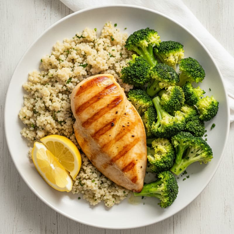 Grilled Chicken Breast with Quinoa and Steamed Broccoli