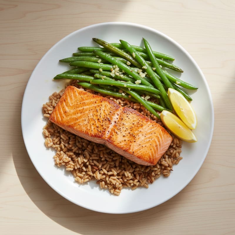 Seared Salmon with Garlic Green Beans and Brown Rice