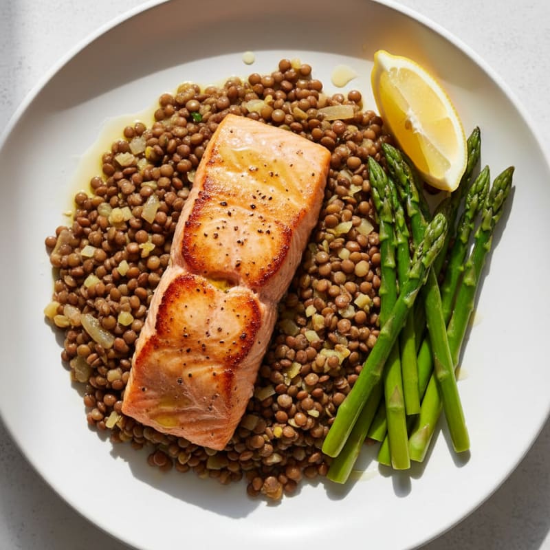 Seared Salmon Fillet with Steamed Asparagus and Lentil Pilaf