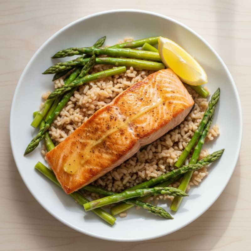 Seared Salmon Fillet with Steamed Asparagus and Brown Rice