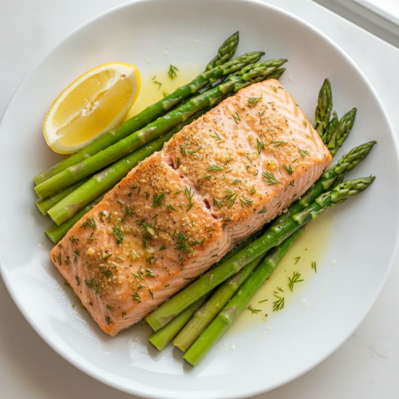 Herb-Roasted Salmon with Steamed Asparagus and Lemon