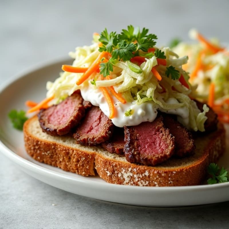 Lean Smoky Brisket on Toasted Whole Grain with Tangy Cabbage Slaw