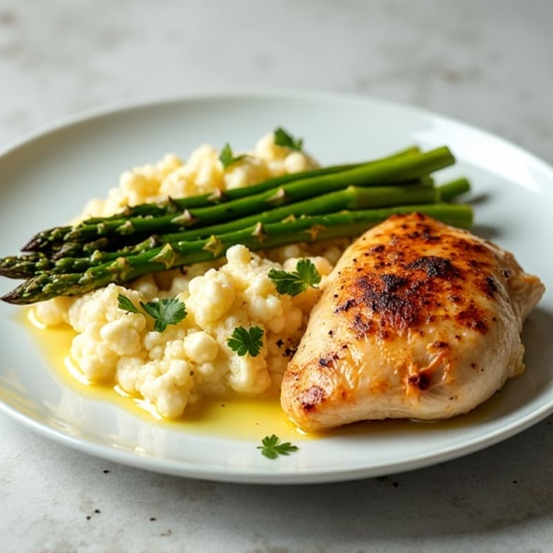 Roasted Chicken with Roasted Asparagus and Creamy Garlic Mash