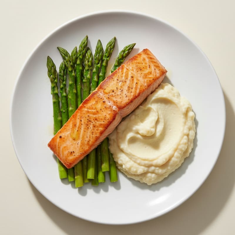 Seared Salmon with Steamed Asparagus and Garlic Mashed Cauliflower