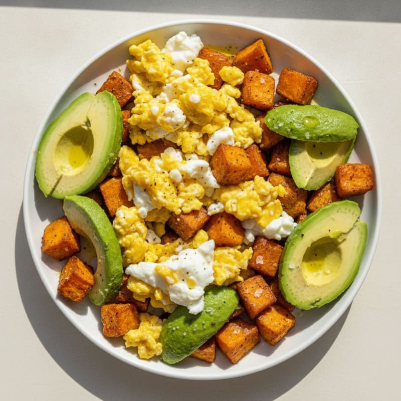 Scrambled Eggs with Avocado and Roasted Sweet Potato