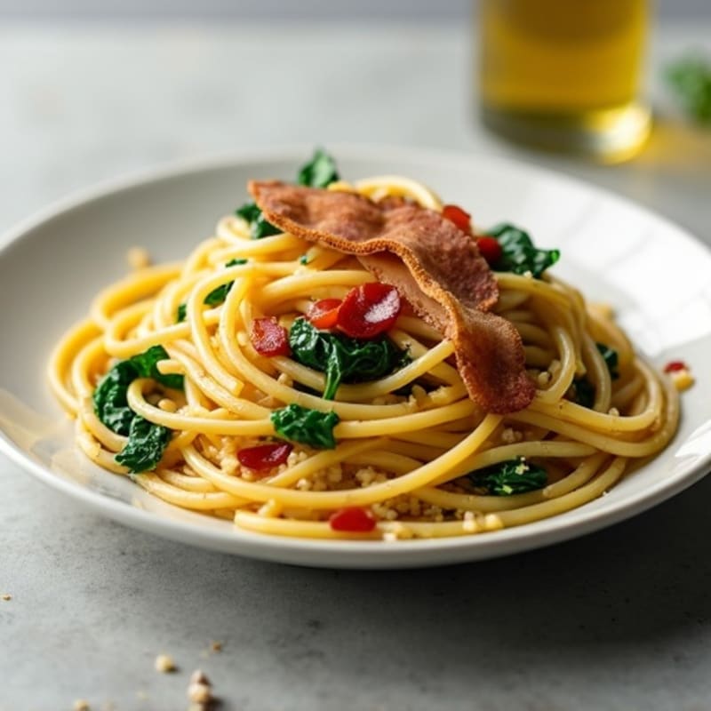 Creamy Egg Yolk Whole Wheat Spaghetti with Crispy Turkey Bacon and Sautéed Greens
