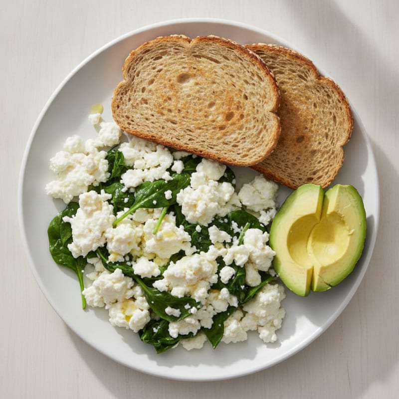 Egg White Scramble with Cottage Cheese and Sautéed Spinach