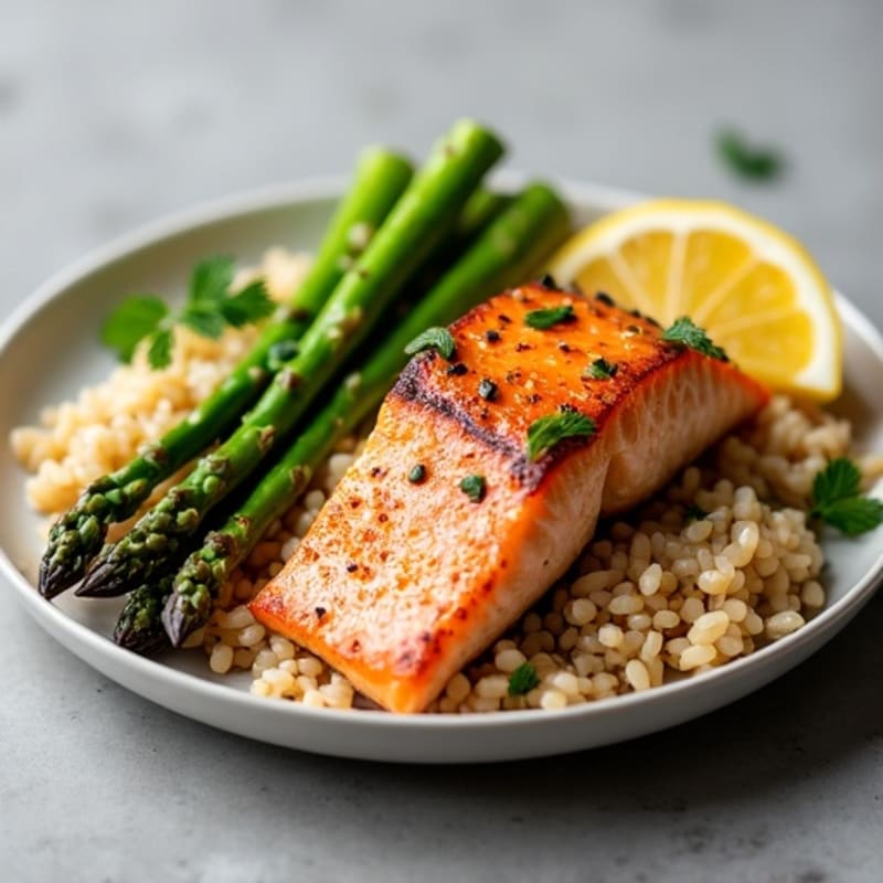 Seared Salmon with Steamed Asparagus and Brown Rice