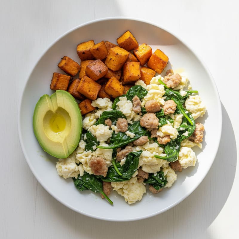 Egg White Scramble with Turkey Sausage and Sautéed Spinach