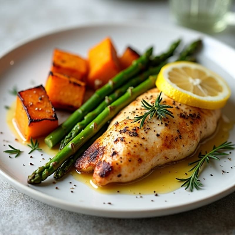 Lemon-Herb Roasted Chicken with Crispy Asparagus and Sweet Potato
