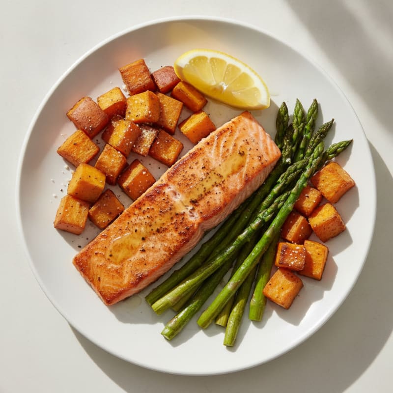 Seared Salmon with Roasted Sweet Potatoes and Asparagus