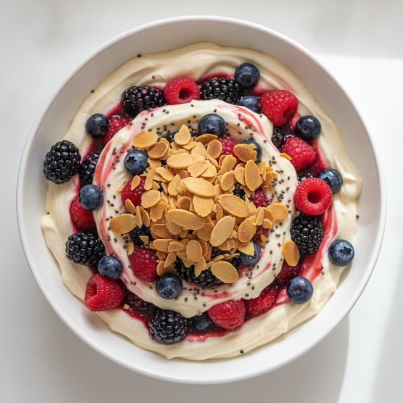 Silky Protein Yogurt Parfait with Mixed Berries and Almonds
