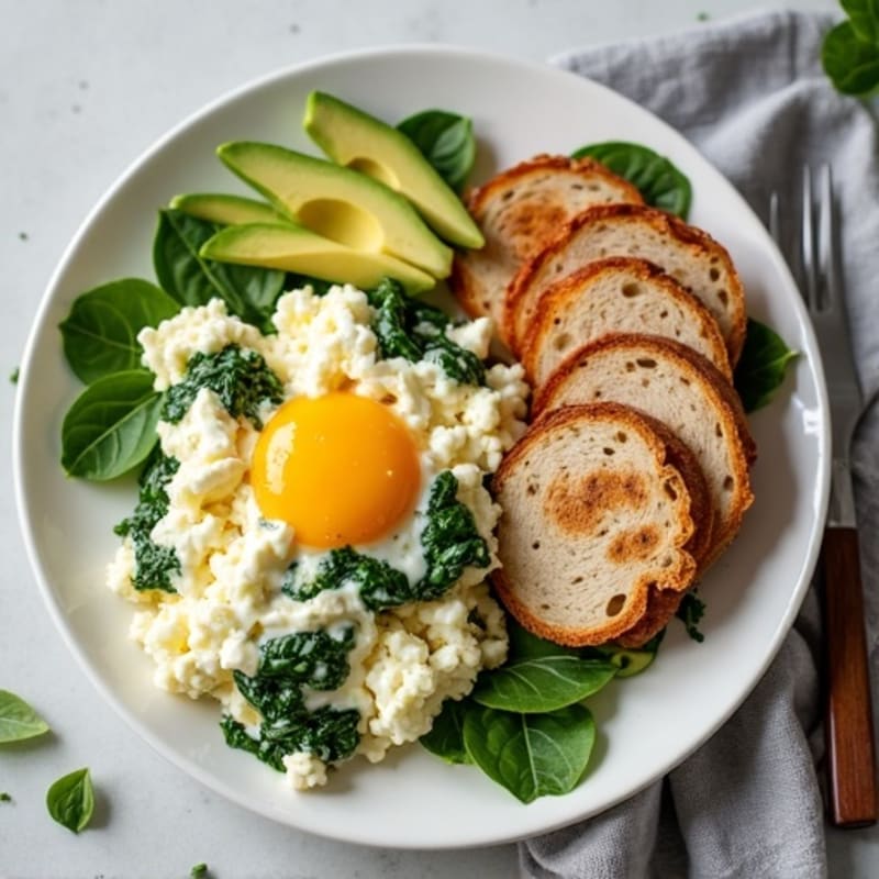 Egg White Spinach Scramble with Cottage Cheese and Sliced Turkey