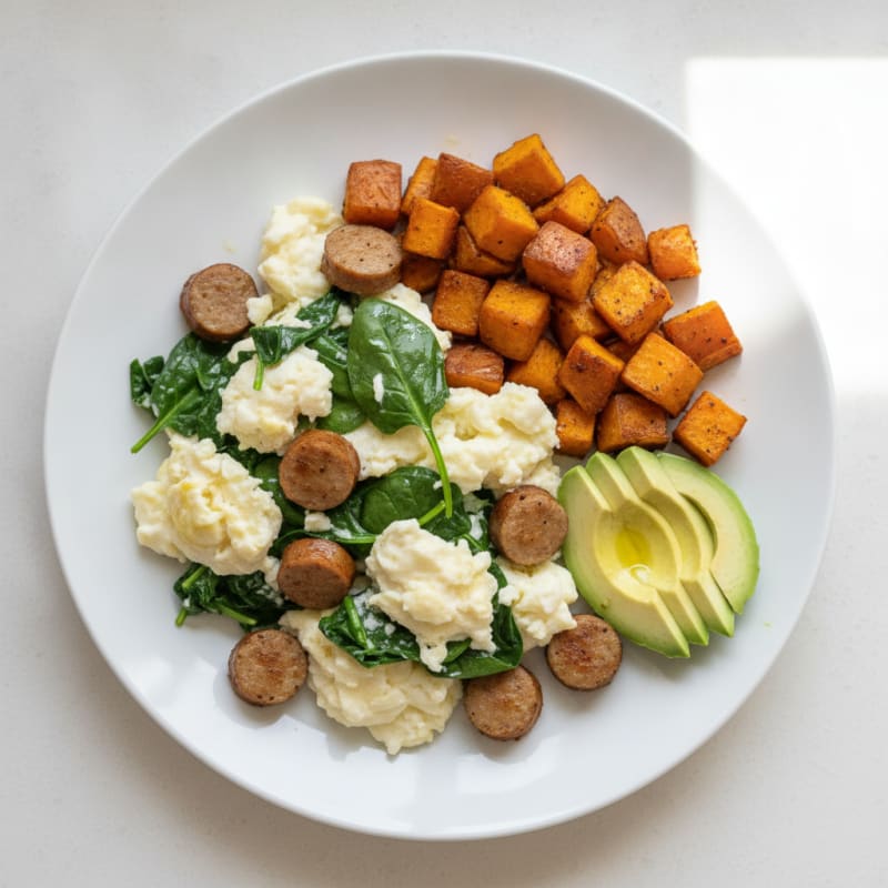 Egg White and Turkey Sausage Scramble with Spinach and Roasted Sweet Potatoes