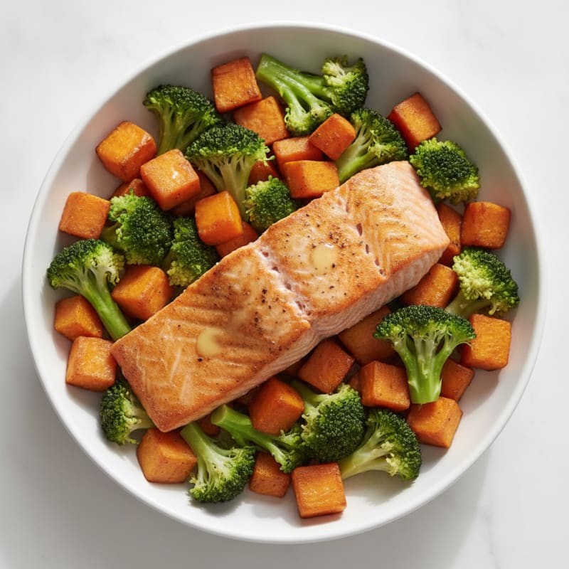 Seared Salmon Fillet with Roasted Sweet Potatoes and Steamed Broccoli