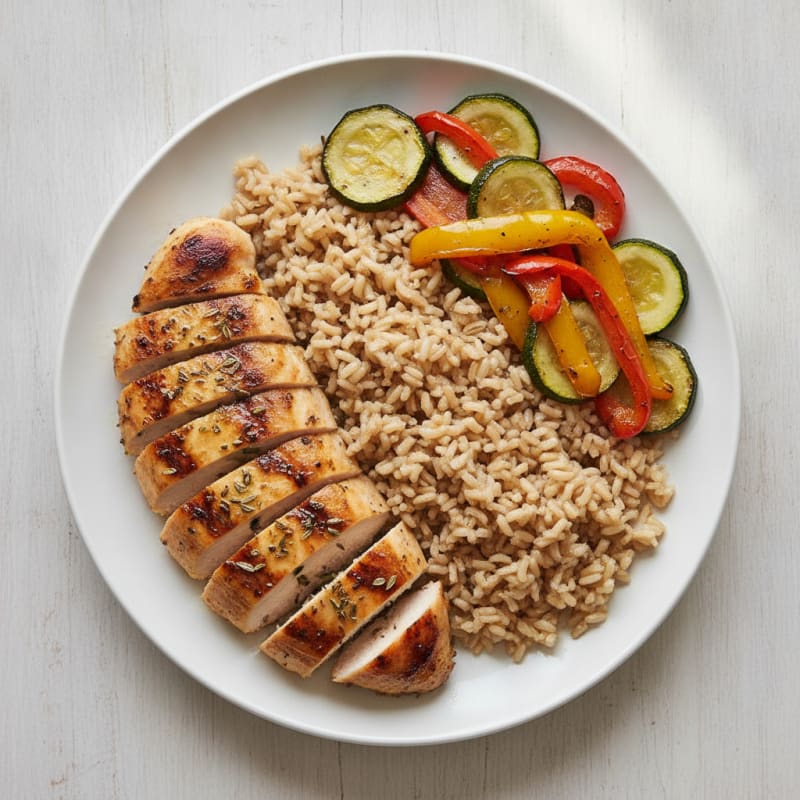 Grilled Chicken Breast with Roasted Veggies and Brown Rice