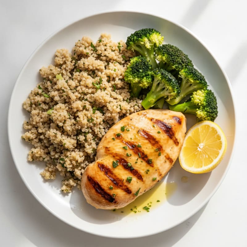 Grilled Chicken Breast with Steamed Broccoli and Quinoa