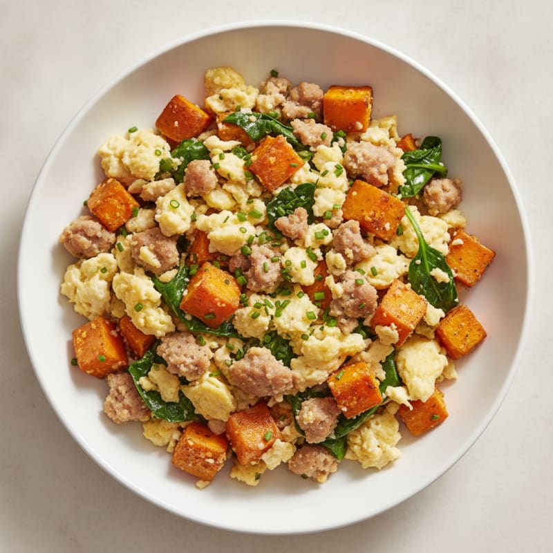 Crispy Turkey Sausage and Egg White Scramble with Roasted Sweet Potatoes