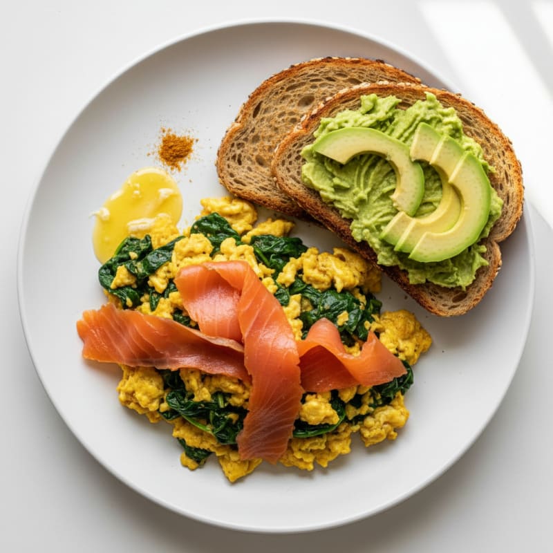 Creamy Turmeric Scrambled Eggs with Spinach and Smoked Salmon