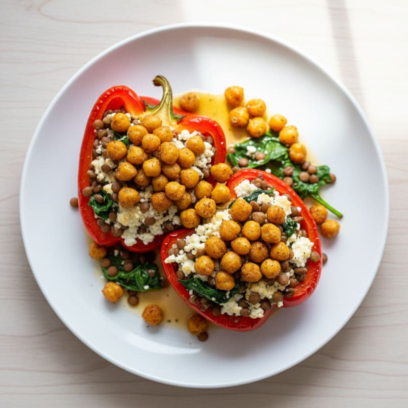 Cottage Cheese and Lentil Stuffed Bell Peppers with Crispy Chickpeas