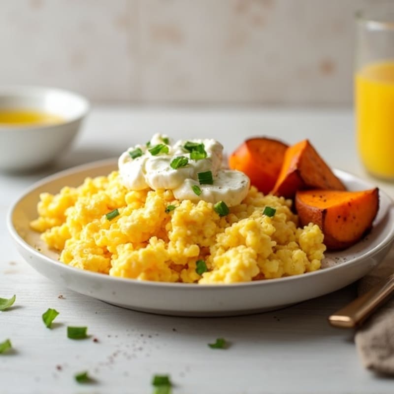Scrambled Eggs with Cottage Cheese and Roasted Sweet Potato