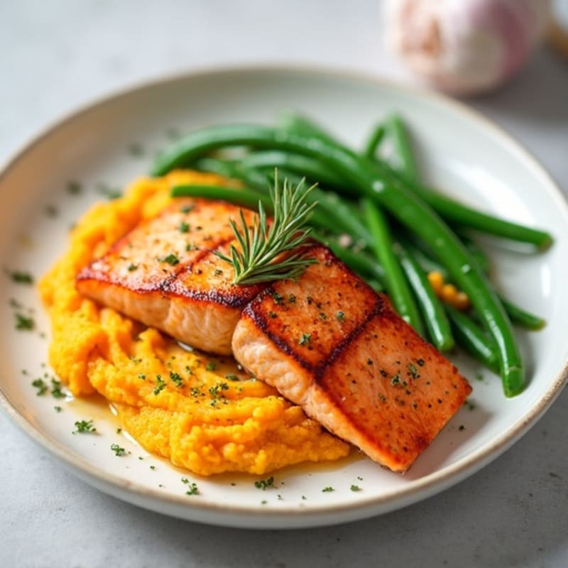 Seared Salmon with Garlic Green Beans and Sweet Potato Mash