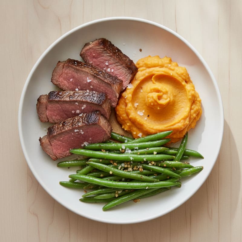 Seared Lean Beef with Garlic Green Beans and Sweet Potato Mash