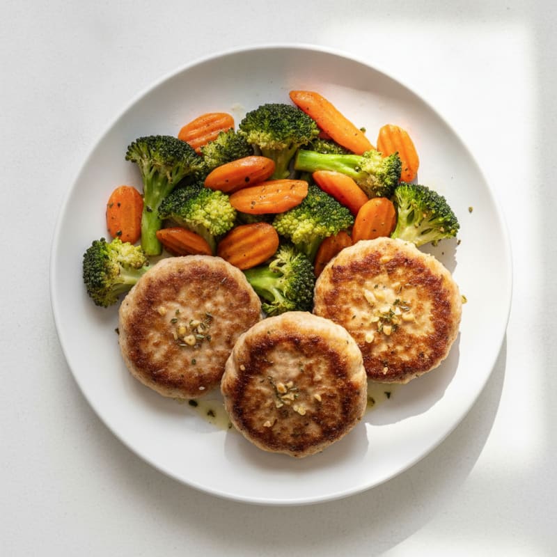 Seared Turkey Patties with Roasted Broccoli and Carrots