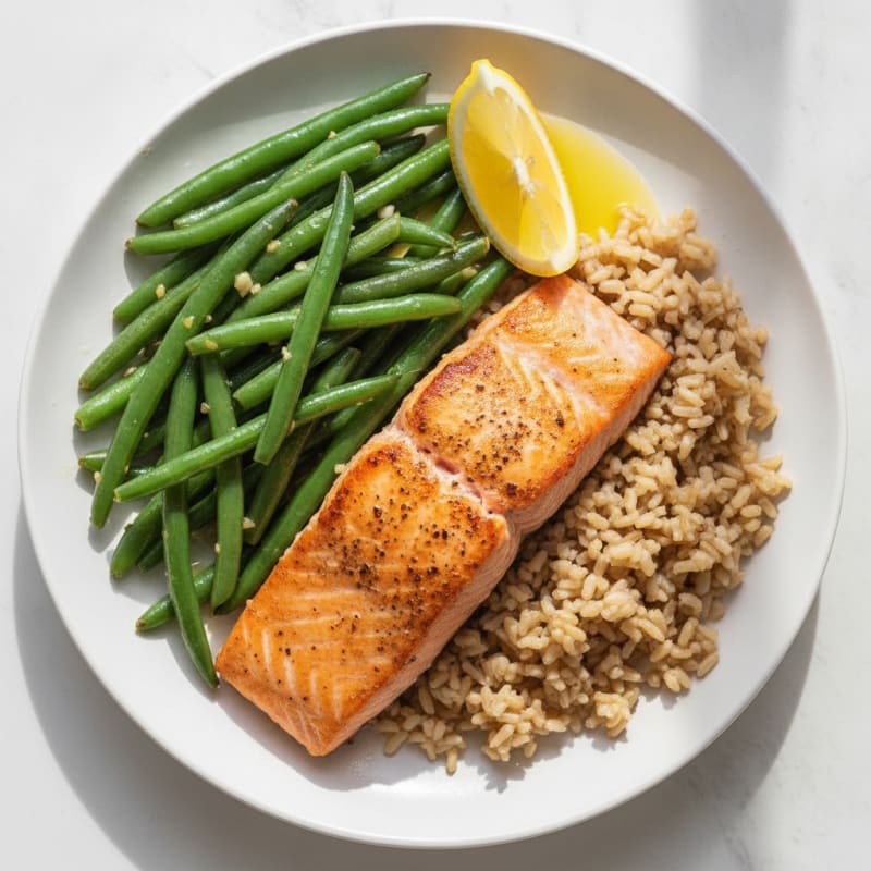 Seared Salmon Fillet with Garlic Green Beans and Brown Rice