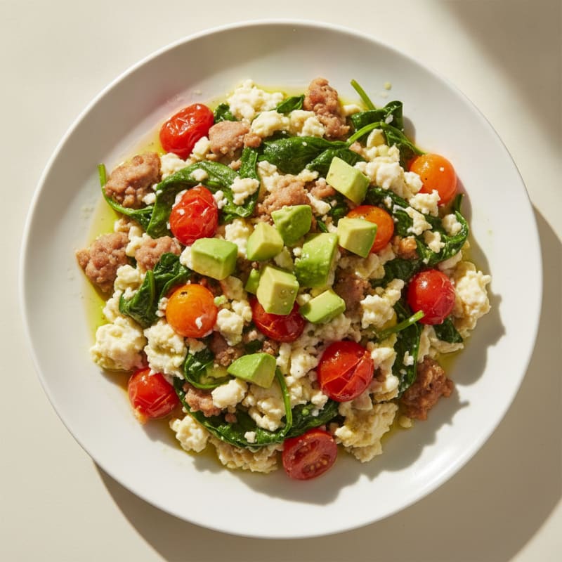 Egg White and Turkey Sausage Scramble with Spinach and Tomatoes