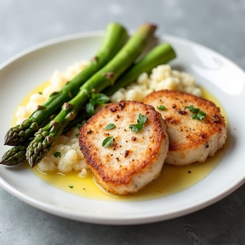 Seared Turkey Cutlets with Steamed Asparagus and Cauliflower Mash
