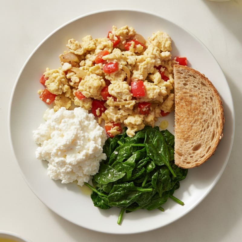 Egg White Vegetable Scramble with Cottage Cheese and Sautéed Spinach