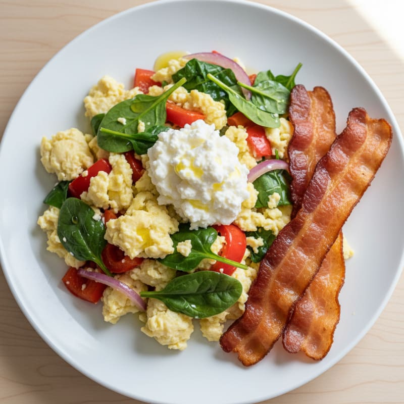 Egg White Veggie Scramble with Cottage Cheese and Turkey Bacon