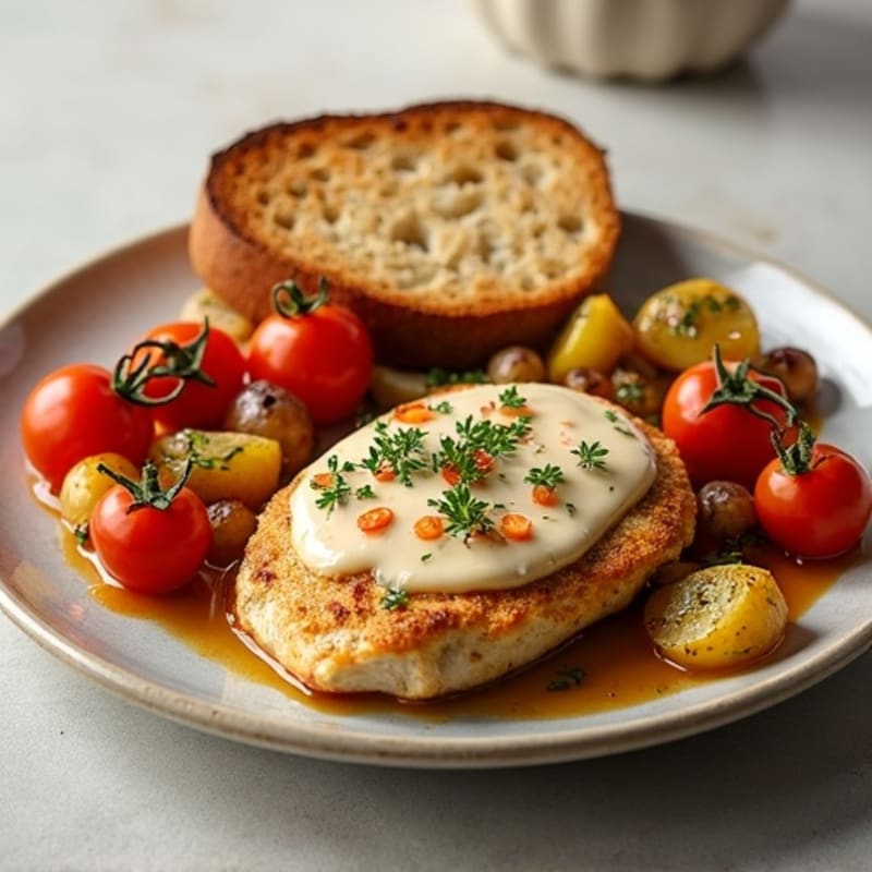 Baked Chicken Breast with Herb-Roasted Vegetables and Toasted Bread