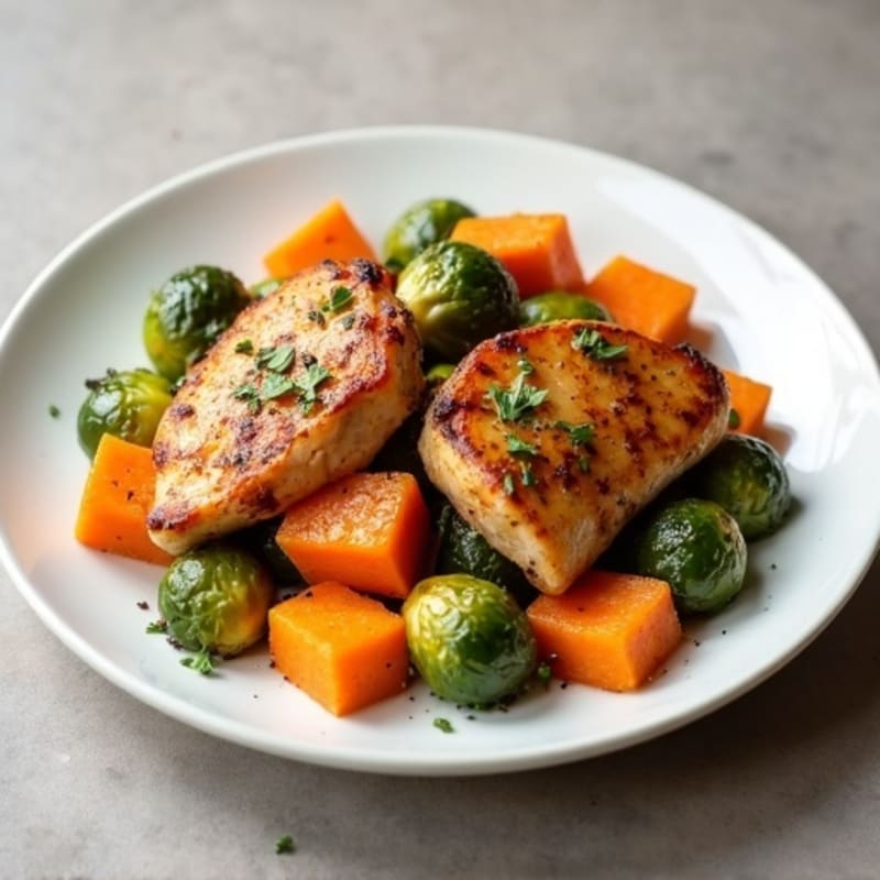 Roasted Sweet Potato and Chicken with Crispy Brussels Sprouts