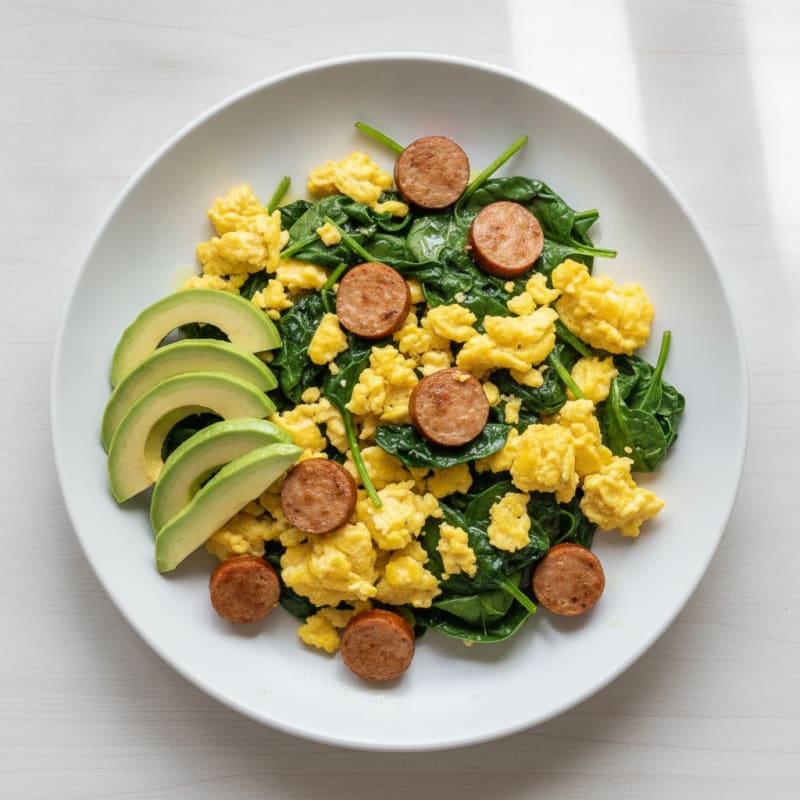 Scrambled Eggs with Turkey Sausage and Sautéed Spinach