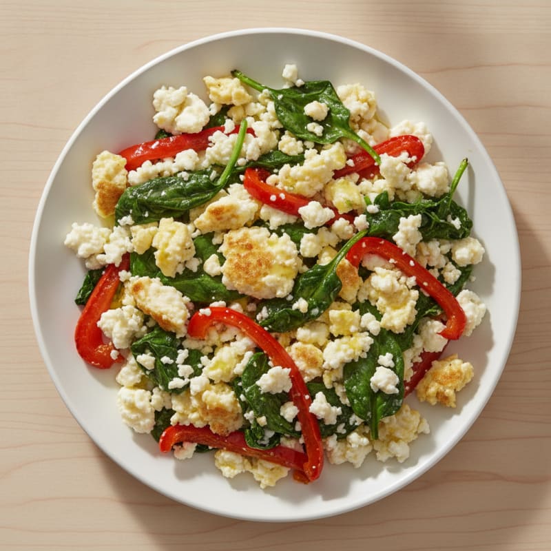 Cottage Cheese Egg Scramble with Spinach and Roasted Red Peppers