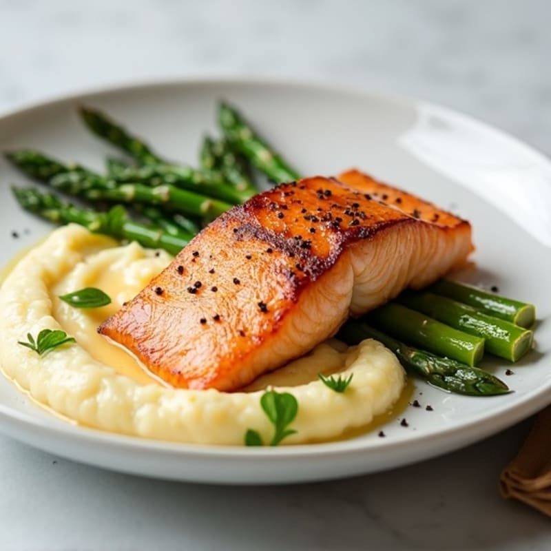 Seared Salmon with Steamed Asparagus and Cauliflower Mash
