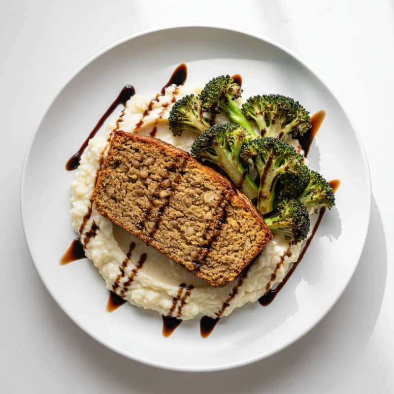 Lentil Walnut Loaf with Roasted Broccoli and Garlic Mash