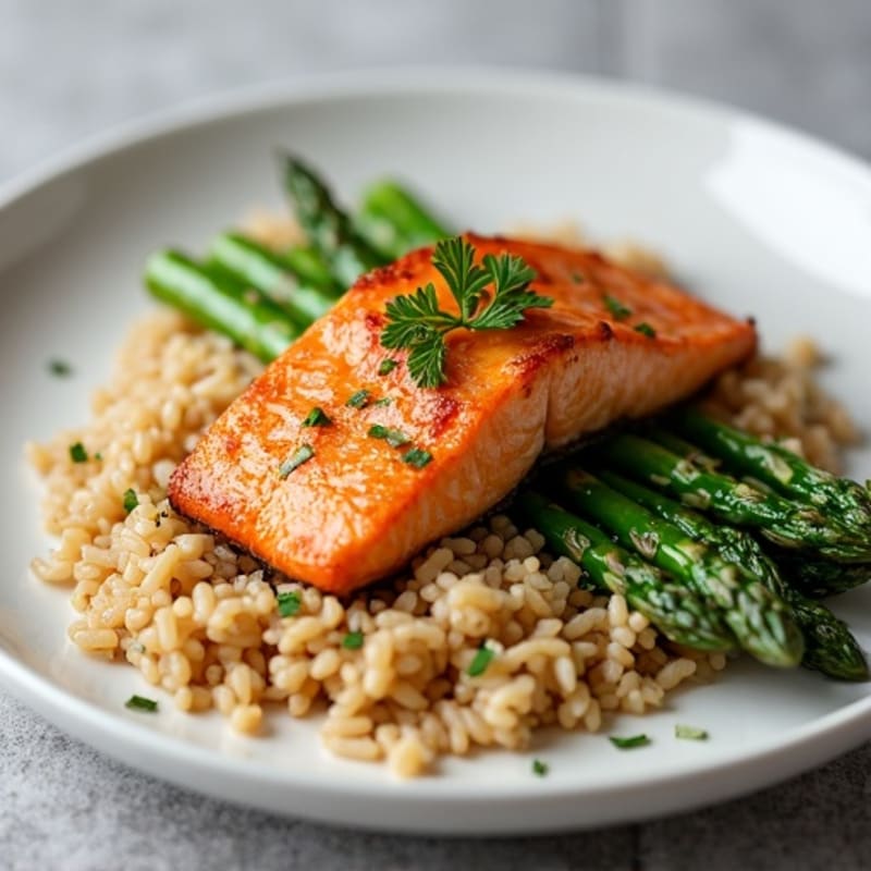 Seared Salmon Fillet with Steamed Asparagus and Brown Rice