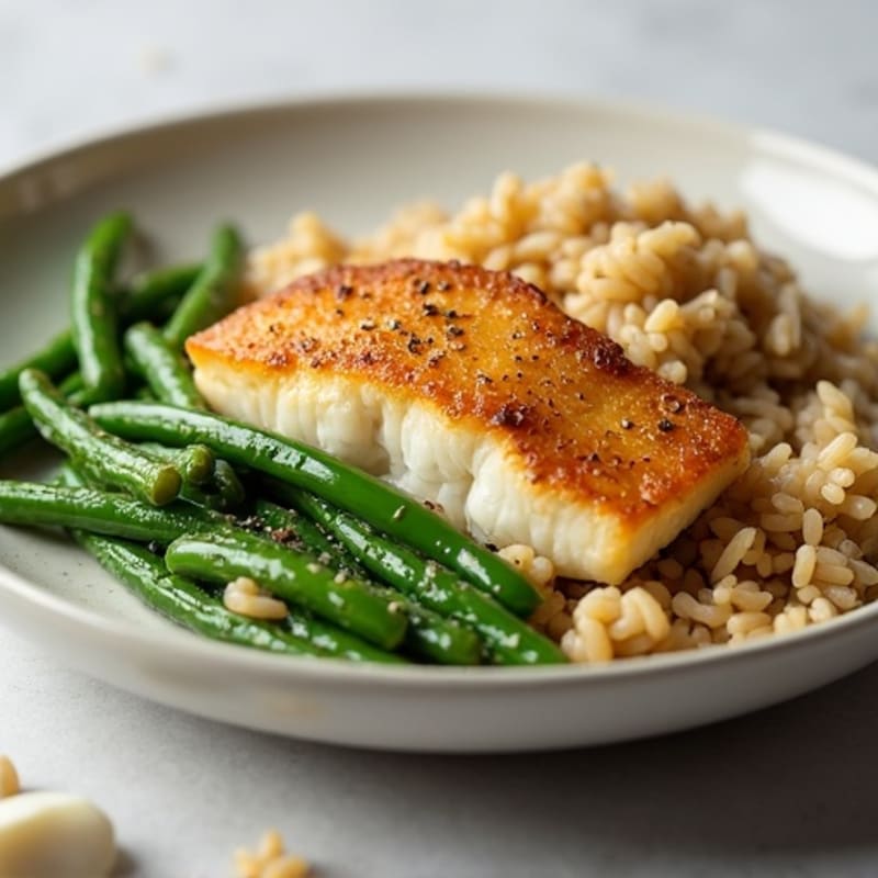 Pan-Seared Cod with Garlic Green Beans and Brown Rice